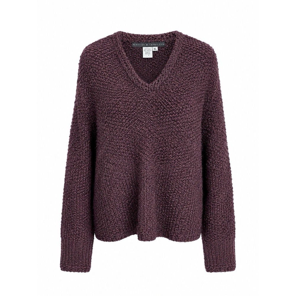 Vintage Peruvian Connection Wool Blend Boucle V-Neck Burgundy Chunky Sweater XL